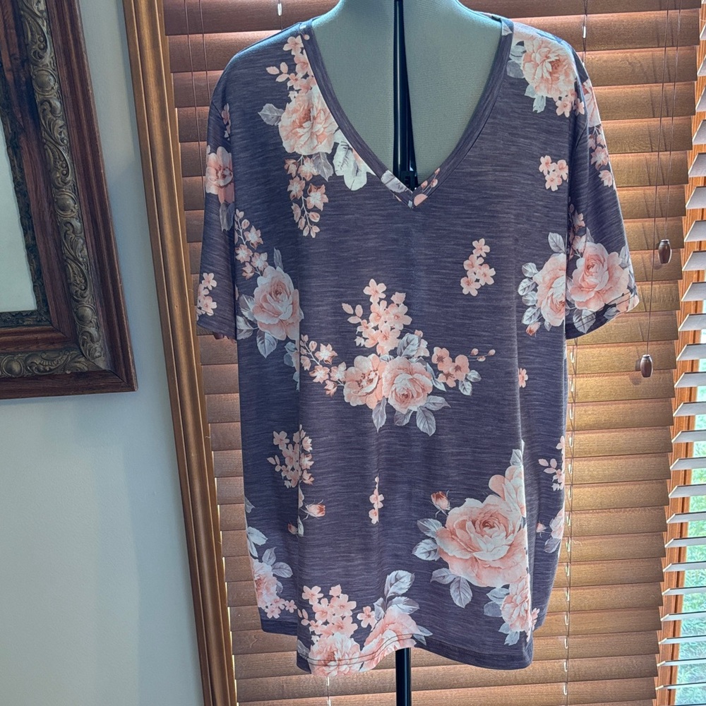 Floral V-Neck Relaxed Top Blue Peach Women's Size 4XL